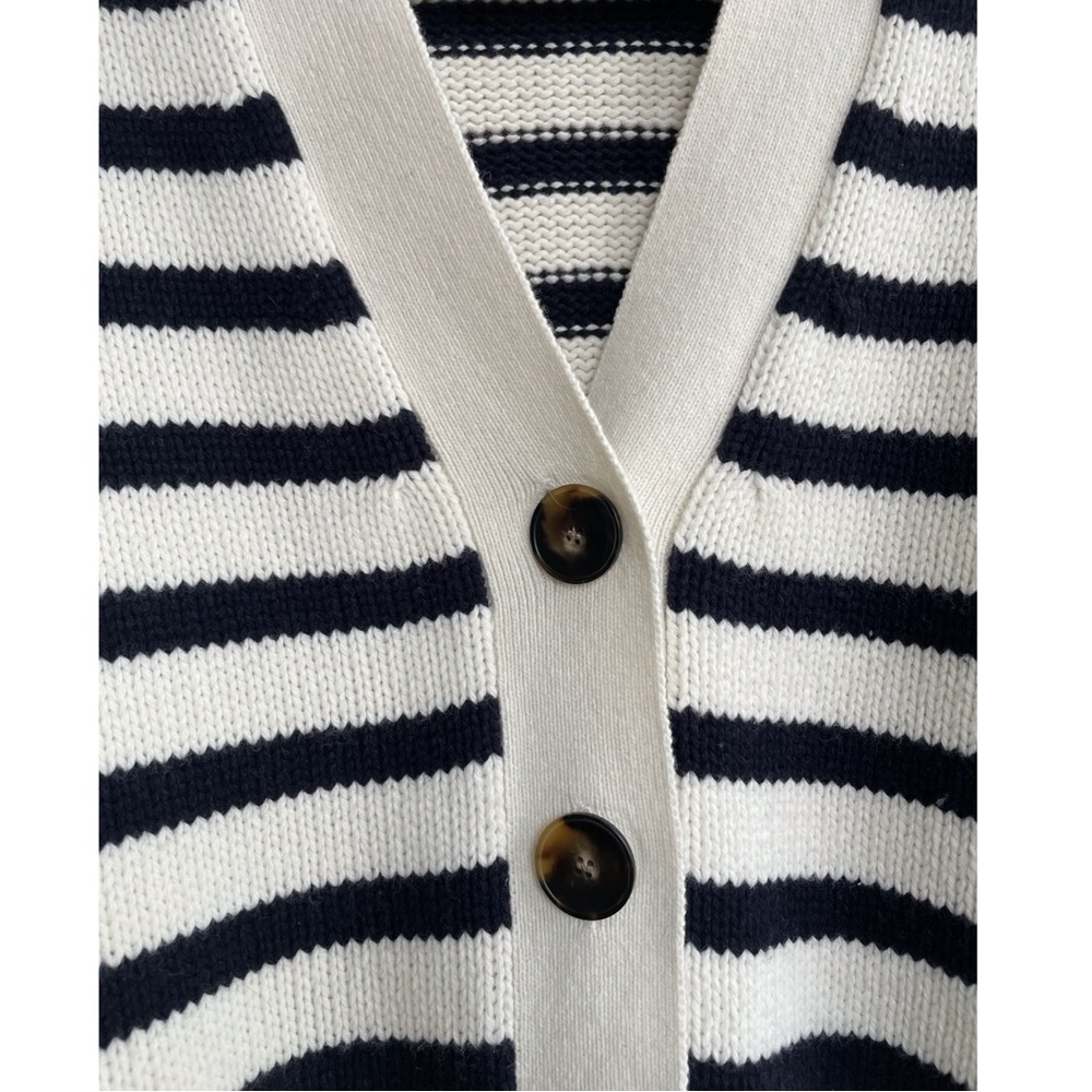 SEZANE BLOGGER Classic Navy Ecru Striped Wilson Cardigan Preppy Knit Sweater XXS - Picture 8 of 17